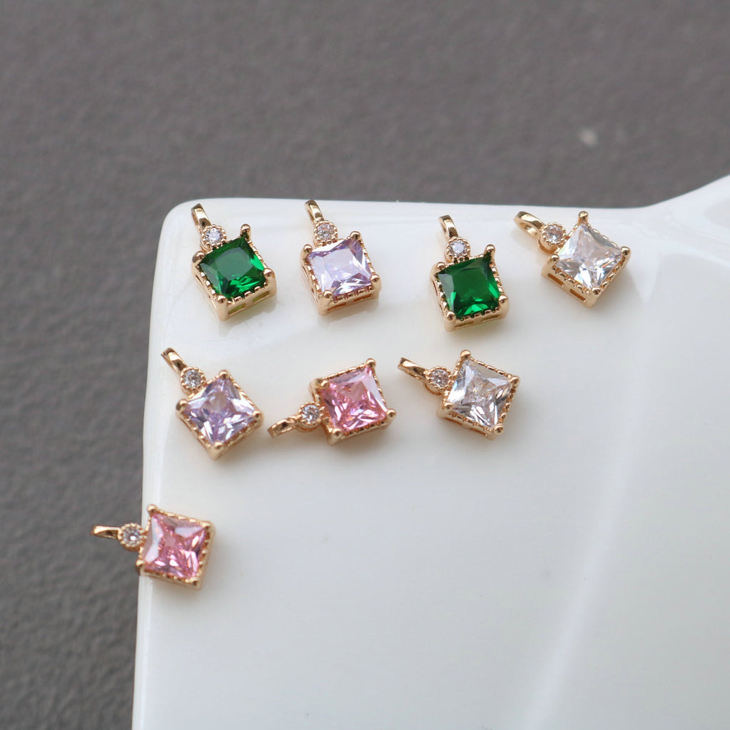 10pcs Square Charm, Cubic Zircon Crystal Pendant, Real Gold Plated Brass Earring Charms, Jewelry Findings HL088-F117