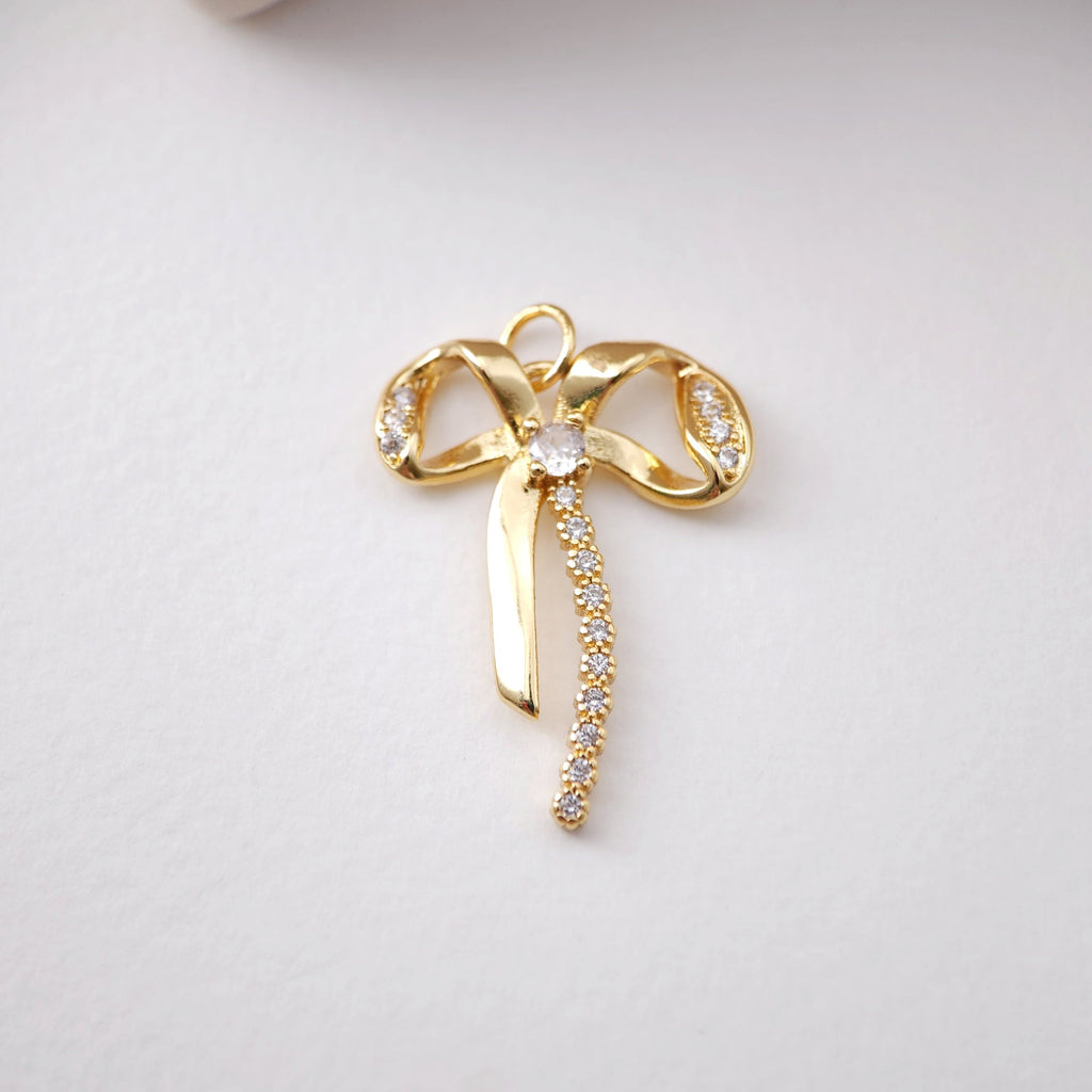 CZ Pave Bow Tie Charm, Cubic Zircon Crystal Bow Tie Pendant, Bracelet Necklace Pendant,  Gold Plated, Jewelry Findings S1202