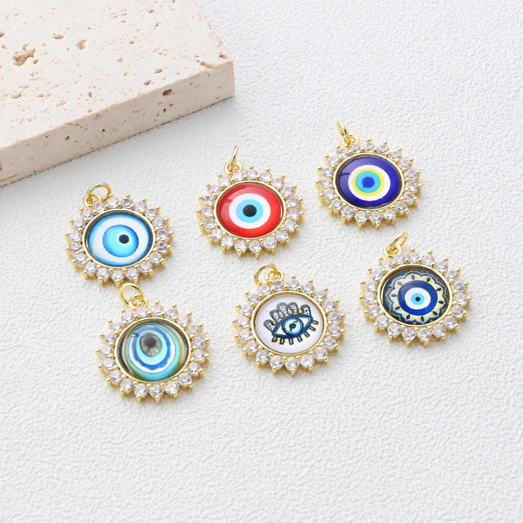 Evil Eye Charm, Enamel Devil's Eye Charm, Pave CZ, Round Pendant, 18K Gold Plated, Necklace Making Charm, Jewelry Findings S1347
