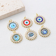 Load image into Gallery viewer, Evil Eye Charm, Enamel Devil&#39;s Eye Charm, Pave CZ, Round Pendant, 18K Gold Plated, Necklace Making Charm, Jewelry Findings S1347
