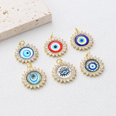 Evil Eye Charm, Enamel Devil's Eye Charm, Pave CZ, Round Pendant, 18K Gold Plated, Necklace Making Charm, Jewelry Findings S1347
