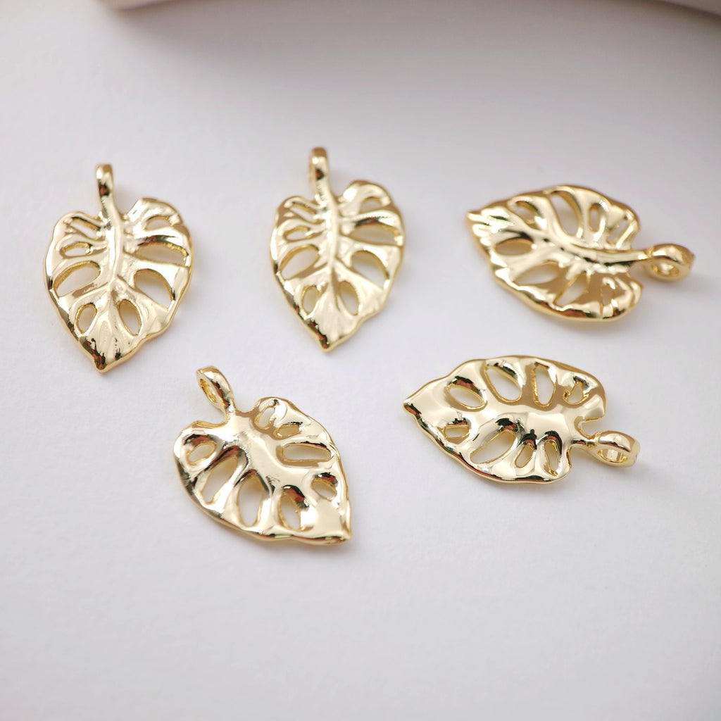 Gold Leaf Charm, 18K Real Gold Plated Brass Earring Charms, Jewelry Findings D0082