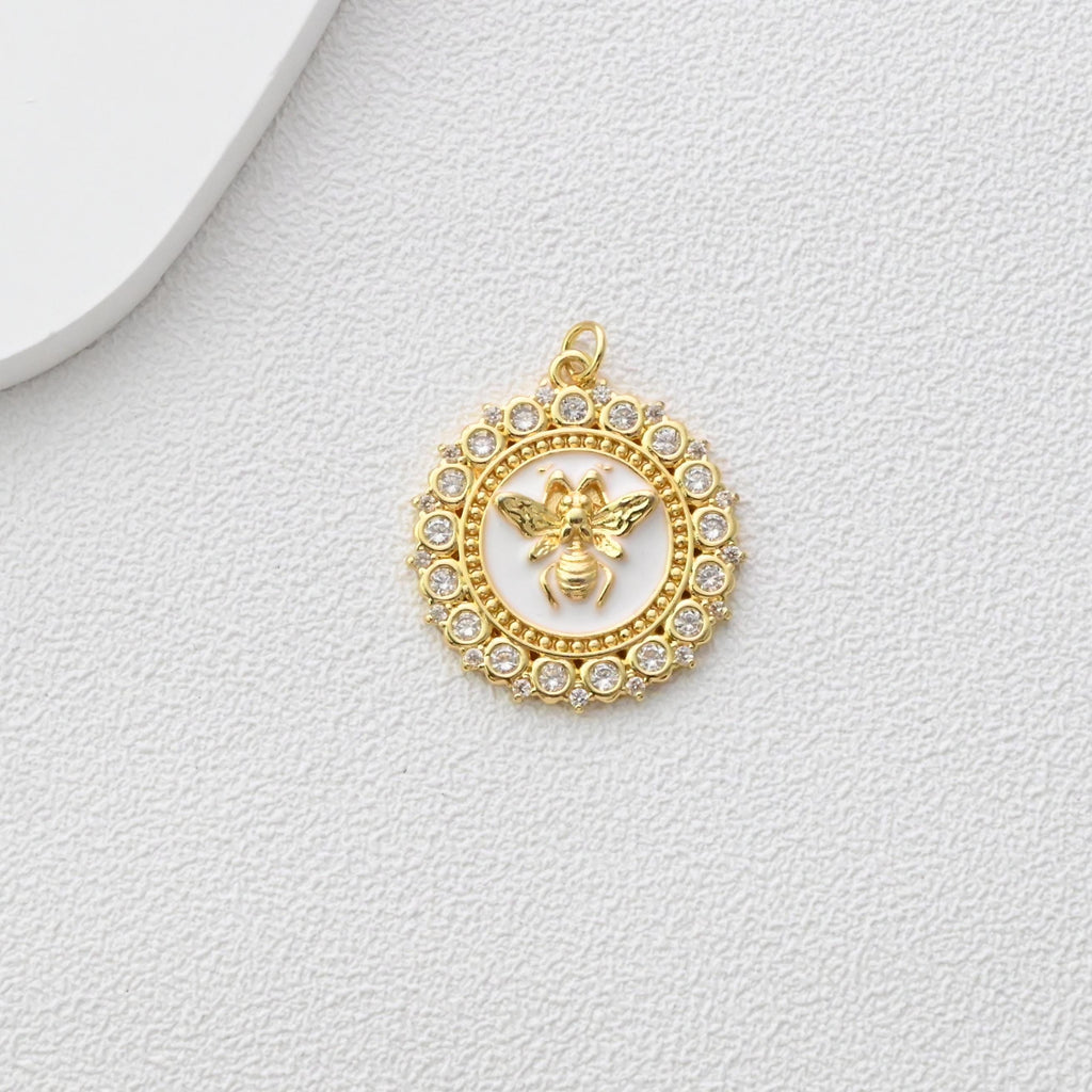Dijes redondos de abeja esmaltados, dijes de insecto circulares con pavé de circonitas, colgante chapado en oro de 18 quilates, dije para crear collares y aretes, accesorios de joyería S1349