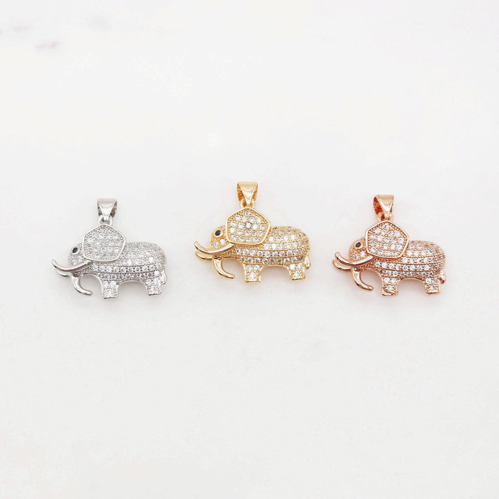 3D Elephant Pave CZ Pendant, 18K Gold Plated Brass Animal Charm, Bracelet Necklace Making Charm, Jewelry Findings S20372
