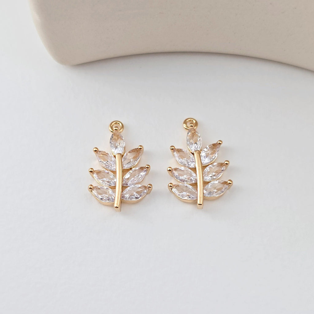 Leaf Charm, Cubic Zircon Crystal Leaf Pendant, CZ Earring Charms,  Real Gold Plated Brass Earring Charms, Jewelry Findings D0305