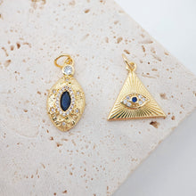 Load image into Gallery viewer, Triangles Evil Eye Charm, 18K Gold Plated Micro CZ Pave Eye Pendant, 16mm, Necklace Making Charm, Jewelry Findings S20259