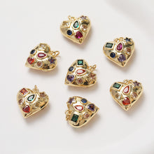 Load image into Gallery viewer, Gold Heart Charms, Rainbow CZ Pave, 18K Gold Plated, Love Pendant, Necklace Making Pendants, Jewelry Findings GZ343