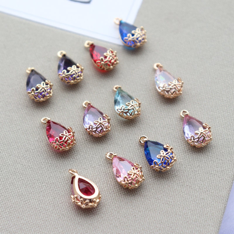 10pcs- Crystal Tiny Teardrop Charms, 10 Colors You Choose, 14K Gold Plated Teardrop Pendant, 8*12mm, Jewelry Findings JY084-F112