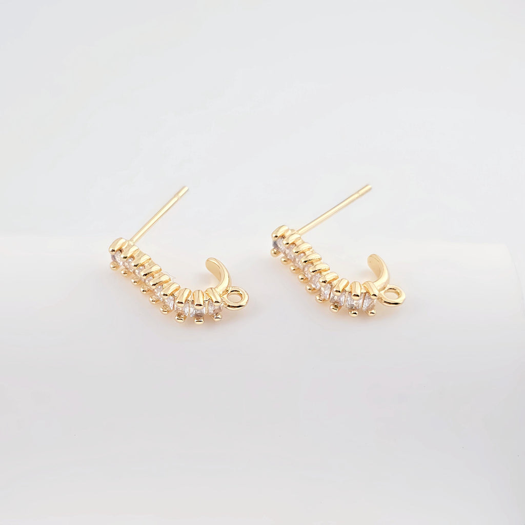 J Shape Ear Post with Loop, Nickel Free, CZ Pave, 15.2*3.7mm, Silver/18K Gold Plated Stud Earring Finding ZX303