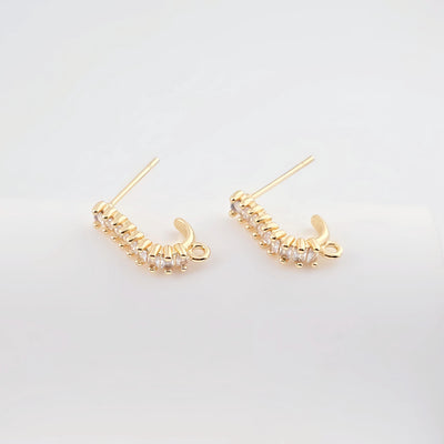 J Shape Ear Post with Loop, Nickel Free, CZ Pave, 15.2*3.7mm, Silver/18K Gold Plated Stud Earring Finding ZX303