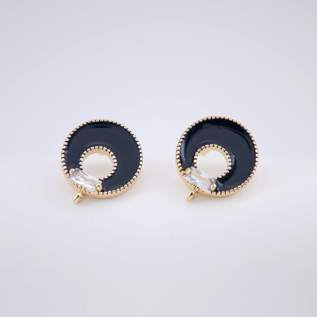 Black Enamel Earring Posts, Round Cutout Post Earrings  with Loop, S925 Silver Pin, Handmade Earring Finding, DIY Earring Supplies ZX234