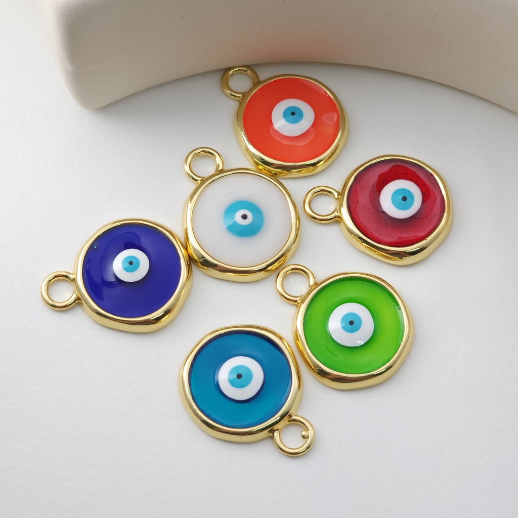 Enamel Multicoloured Evil Eye Charm, 18K Gold Plated Round Pendant, 20mm, Necklace Making Charm, Jewelry Findings S1231