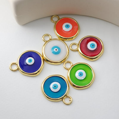 Enamel Multicoloured Evil Eye Charm, 18K Gold Plated Round Pendant, 20mm, Necklace Making Charm, Jewelry Findings S1231