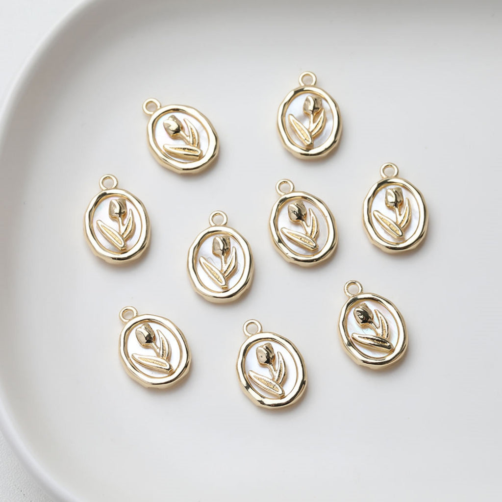 Tulips Oval Shell Pendant, 14K Gold/Silver, Oval Charm, Real Gold Plated, Jewelry Making Findings GZ507