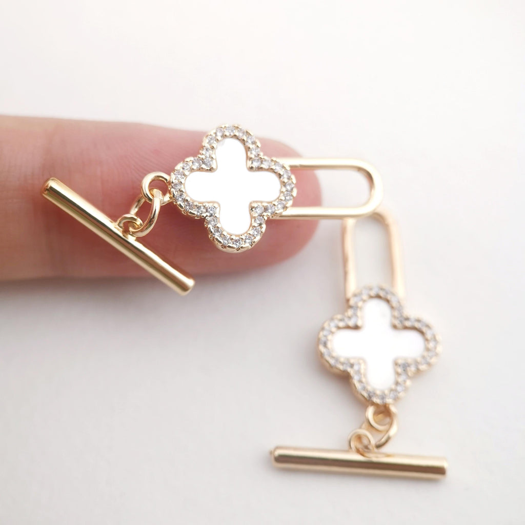 Four Leaf Clover OT Toggle Clasps, 18K Gold Plated OT Buckle, CZ Pave Mother of Pearl, Necklace Closure, Connectors Clasps, ZX050
