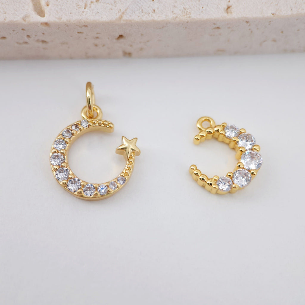 Cubic Crescent Moon Charm, 18K Gold Plated Moon Pendant, Clear Micro CZ Pave Horn Charms, Jewelry Findings S766
