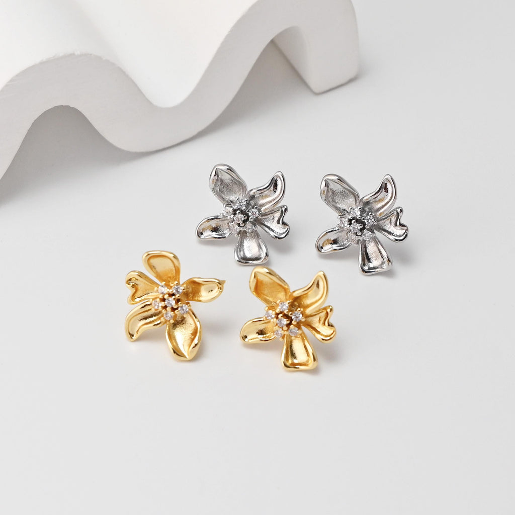 CZ Pave Flower Earrings Post With Loop, 18K Gold Plated, Nickel Free, S925 Silver Pin,Ear Stud Hypoallergenic Earring Findings D0477