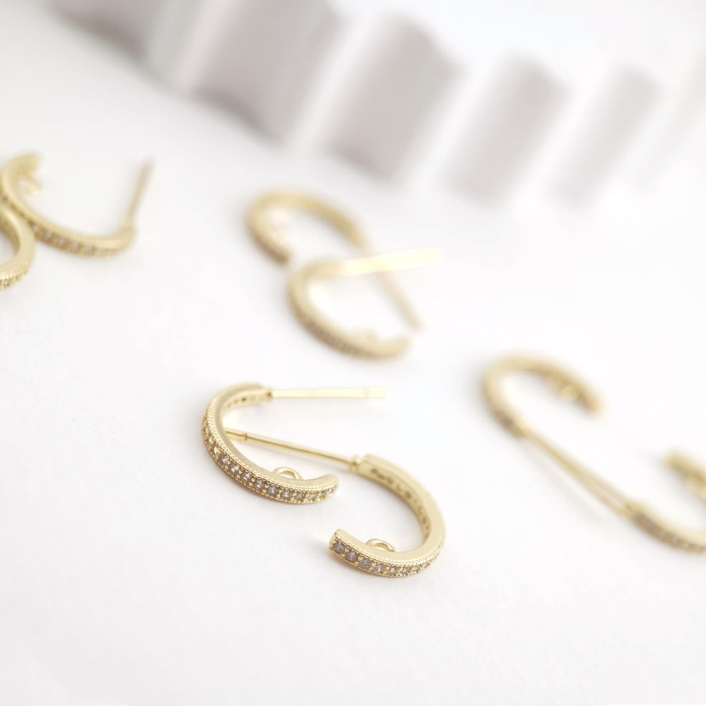 10PCS C Shape Ear Post with Loops, Nickel Free, CZ Pave, 12x2mm, 18K Gold Plated Circle Stud Earring Finding S274