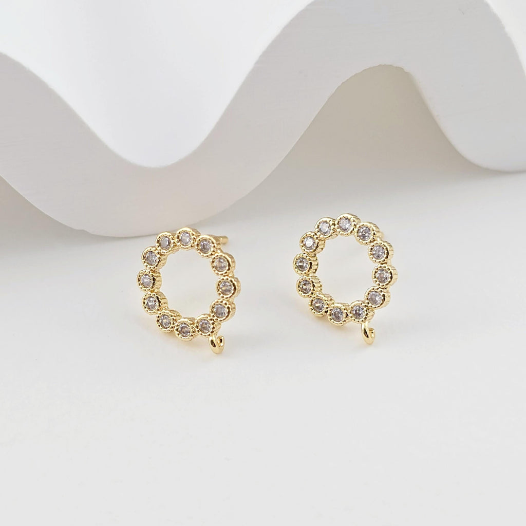 Circle Ear Post with Loops, S925 Silver Ear Pin Nickel Free, Micro CZ Pave, 13.6*11.3mm, 18K Gold Plated Stud Earring Finding D0275