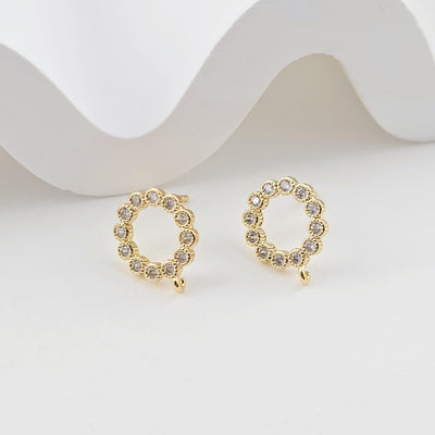 Circle Ear Post with Loops, S925 Silver Ear Pin Nickel Free, Micro CZ Pave, 13.6*11.3mm, 18K Gold Plated Stud Earring Finding D0275