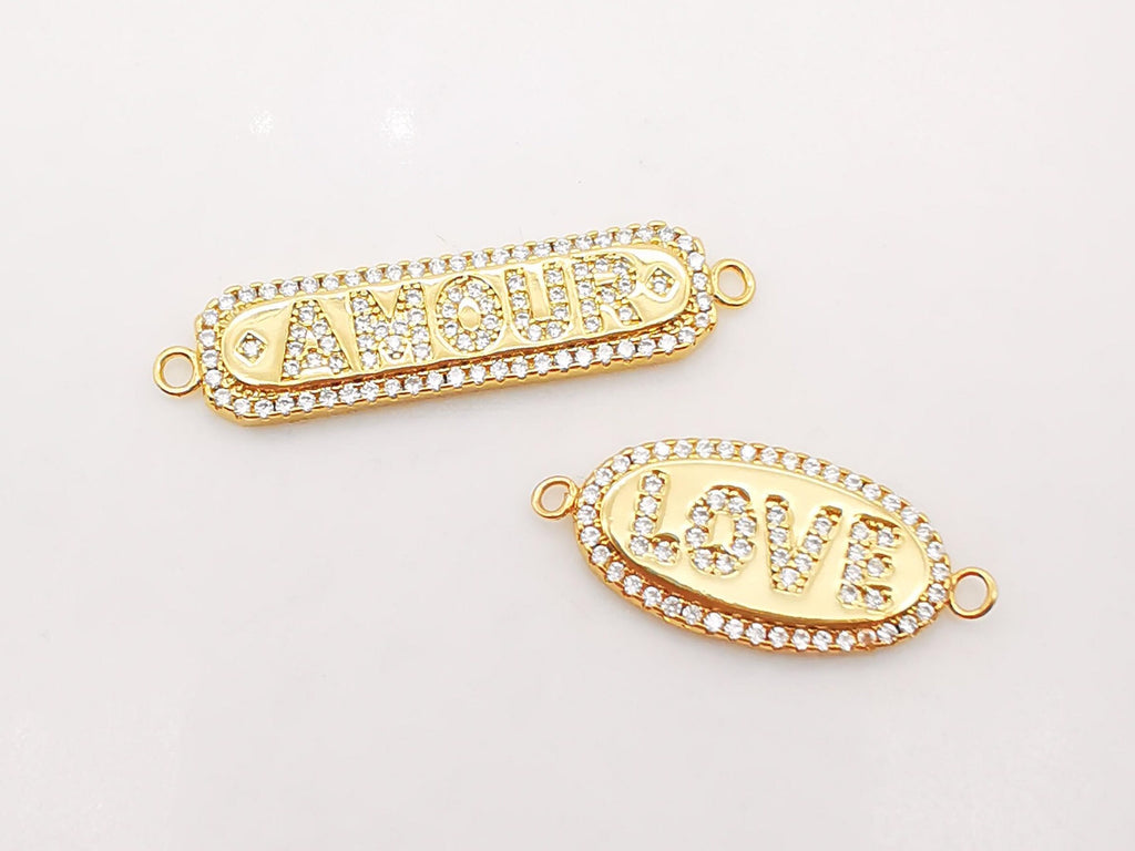 AMOUR/LOVE Chain Connector, 18K Gold Connector, Necklace Bracelet Love Charm,  Micro CZ Pave Connector, Jewelry making Supplies, S921