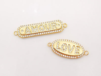 AMOUR/LOVE Chain Connector, 18K Gold Connector, Necklace Bracelet Love Charm,  Micro CZ Pave Connector, Jewelry making Supplies, S921