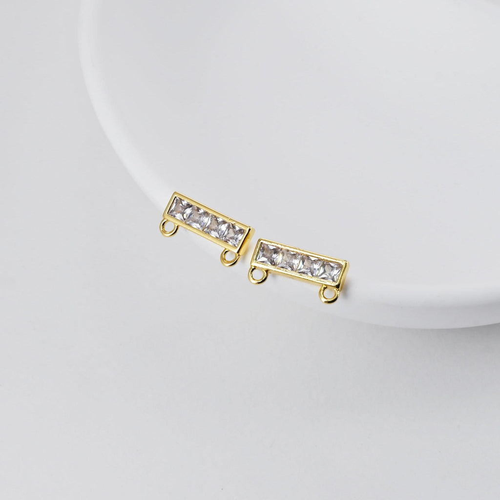 Rectangular CZ Earring Post With 2 Loops, S925 Silver Pin Nickel Free Post, 18K gold Plated, Hypoallergenic Earring Findings D0391