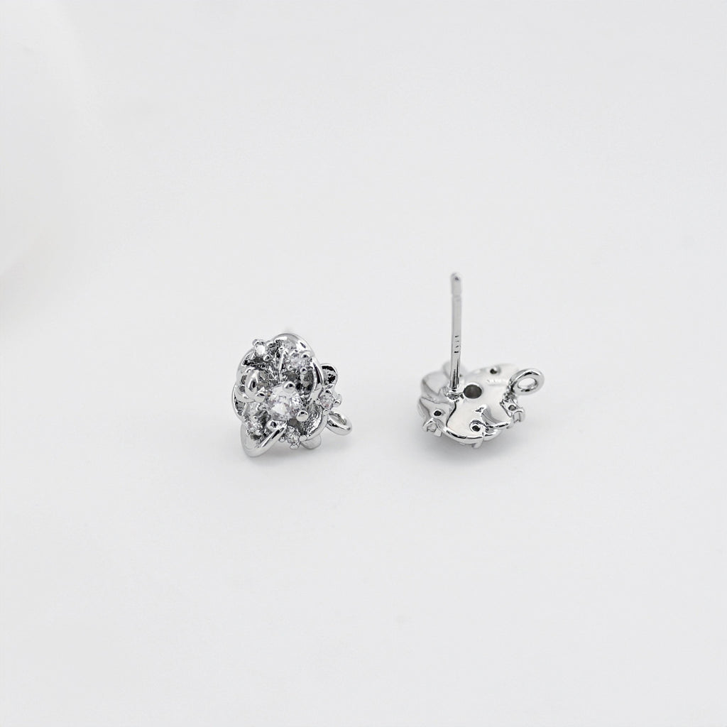 Poste para pendientes con forma de rosa, pendiente de botón de latón chapado en oro auténtico de 18 quilates con aro, pavé de circonitas cúbicas, sin níquel, fornitura D0450