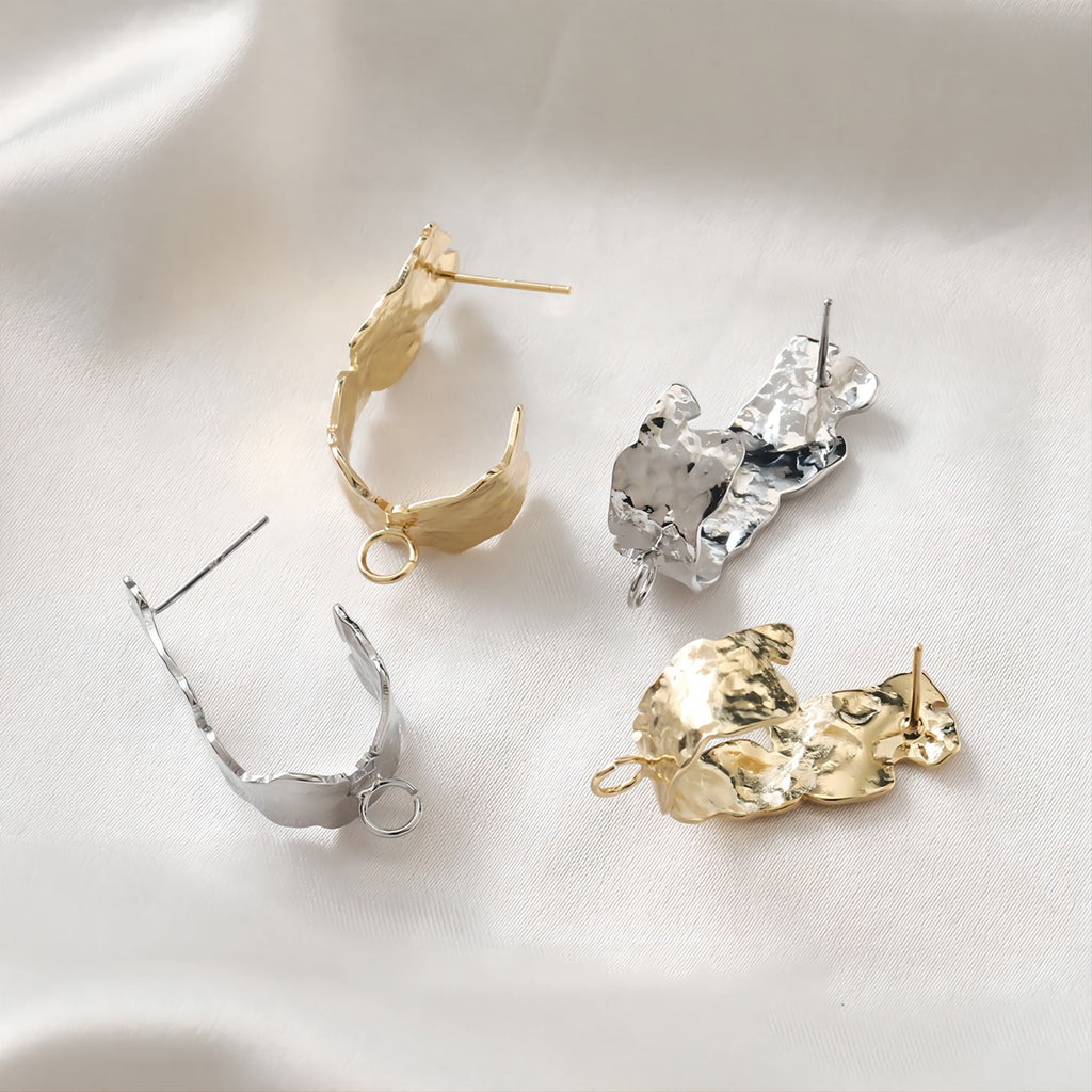 قرط أذن مطروق غير منتظم، ذهب/فضة عيار 14 قيراط، أقراط فضة S925 خالية من النيكل، قرط أذن على شكل عقدة مع حلقة JJ014