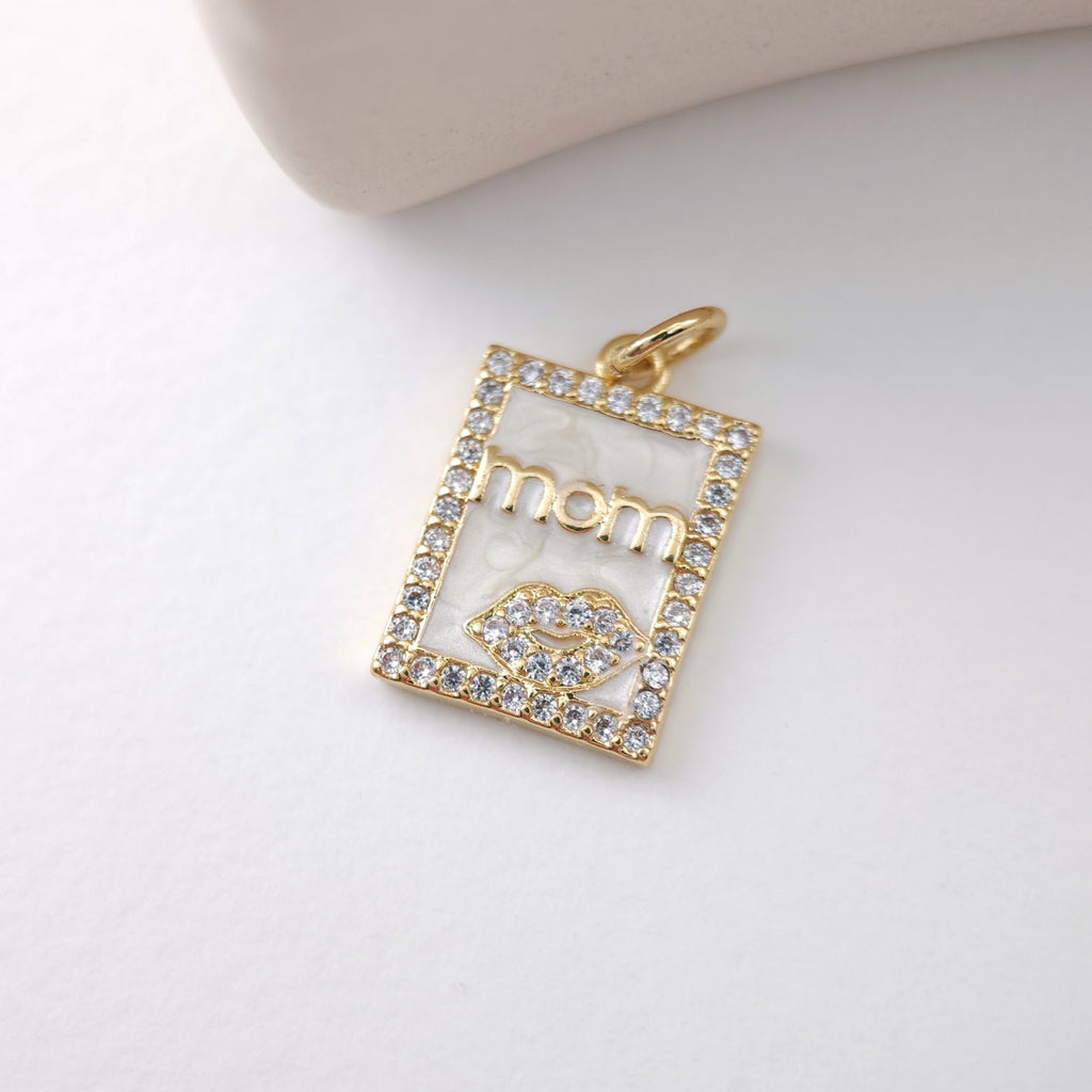 Mom Charm, 18K Gold Plated, CZ Pave, Mama Pendant, Necklace Making Findings, Jewelry Finding Gift for Mom S1123