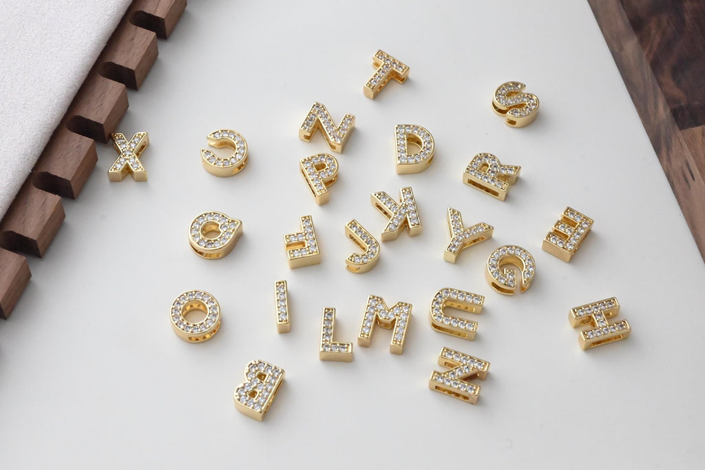 18K Gold Alphabet Letter Beads, CZ Initial Beads, Letter Charms, Double-sided hollowing, Letter Inital beads, For Necklace Bracelet  S1396