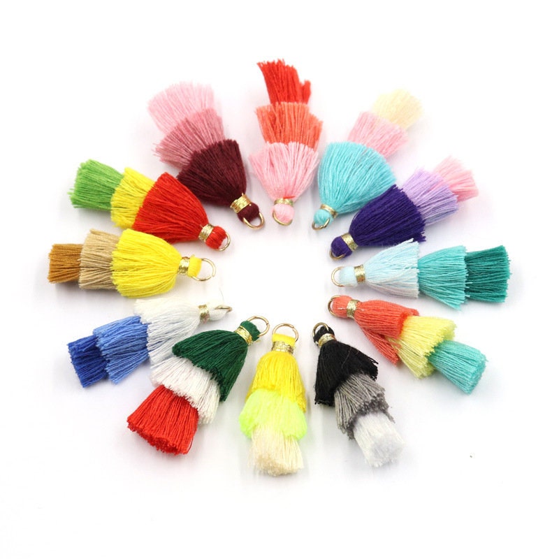 10pcs- Triple Tiered Tassels, Cotton Tassels, Colorful Tassel with gold Jump Ring, 34mm, For Earring Making, Bracelet Making Pendant XXX04