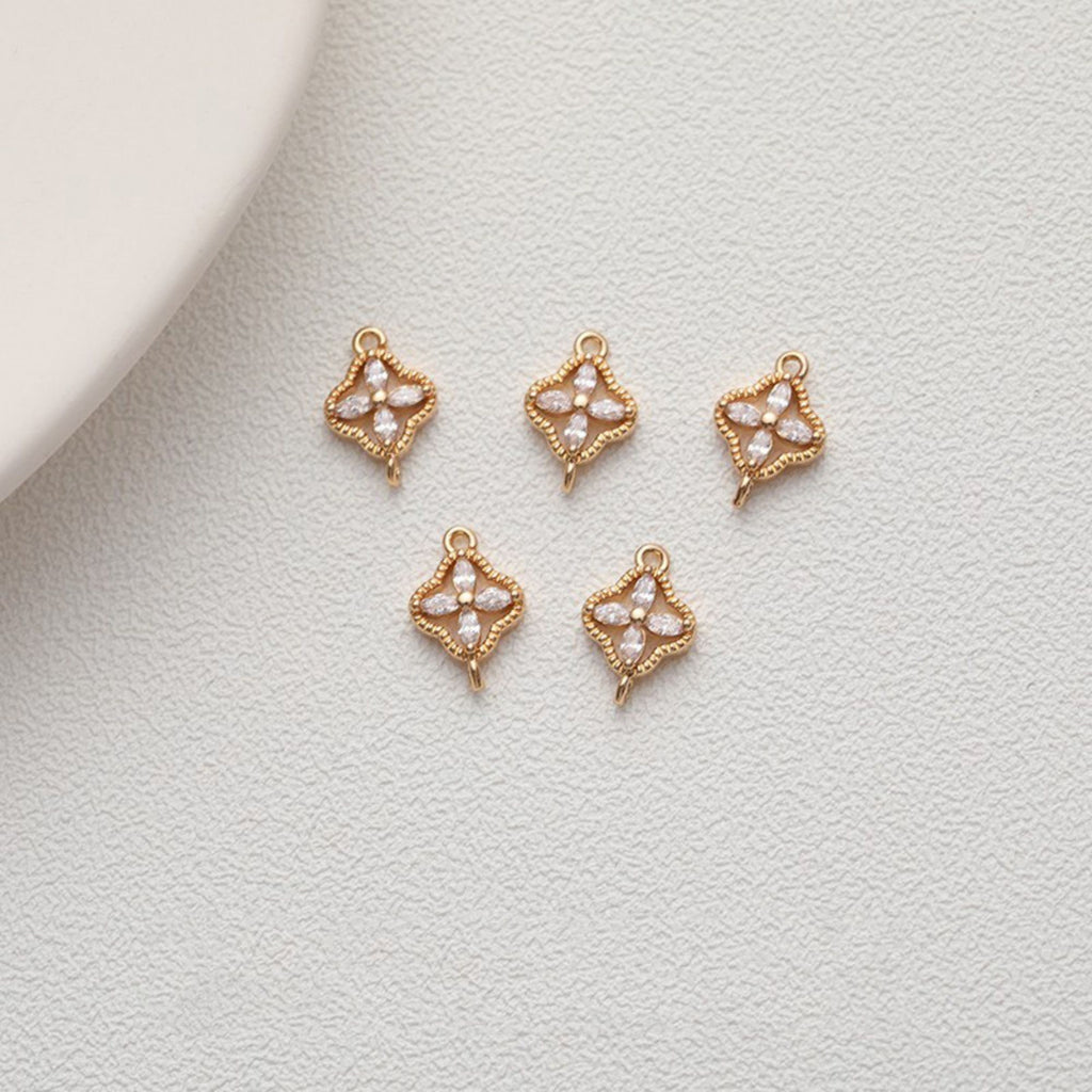 Four-leaf Clover Flower Crystal Charm with loops, Rhinestone Pendant, Bracelet Necklace Making, Gold Plated Jewelry Findings GZ416