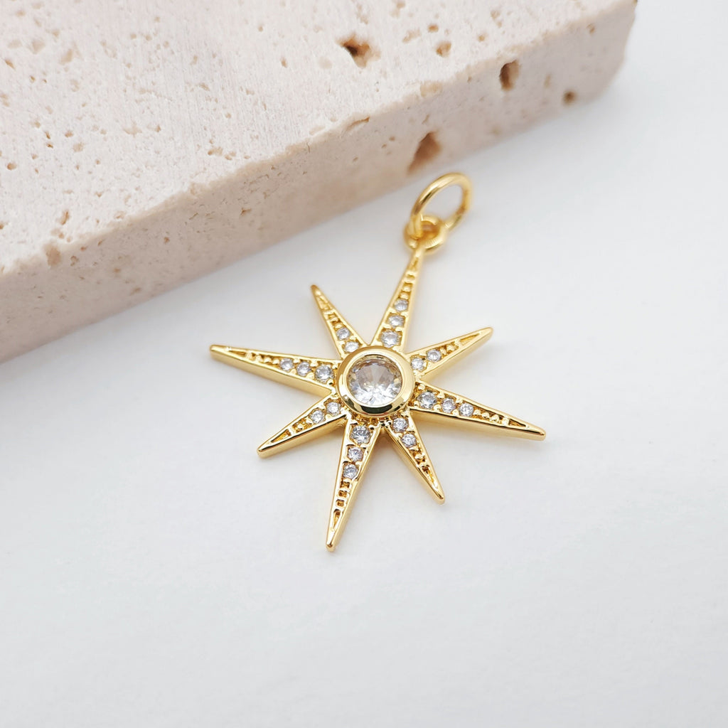 North Star Charms,  Crystal Cubic Star Pendant, 18K Gold Plated, Necklace charms, Jewelry Findings S708