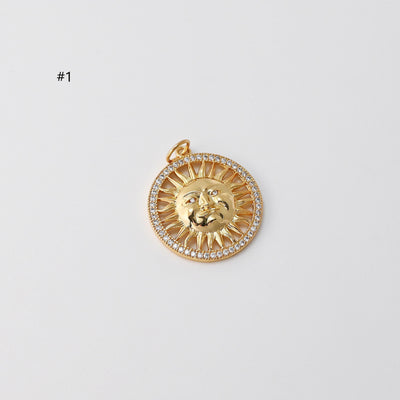 Sun Charm, Sunny Face Round Pendant, 18K Gold Plated, 20mm, 29.8mm, Necklace Making Charm, Jewelry Findings