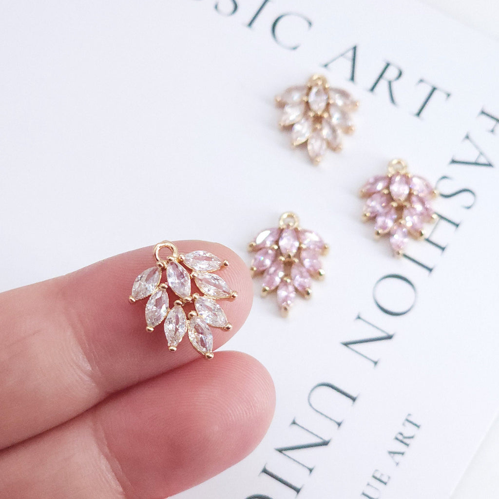 CZ Pave Leaf Charm, Cubic Zircon Crystal Leaf Pendant, CZ Earring Charms,  Real Gold Plated Brass Earring Charms, Jewelry Finding ZR004-F046