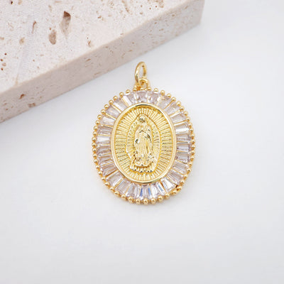 Cubic Saint Maria Charm, Religious Pendant, 18K Gold Plated Micro CZ Pave Our Lady Pendant, Vintage Necklace Making Charm S20373