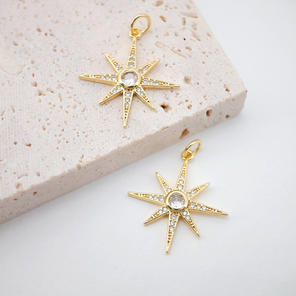 North Star Charms,  Crystal Cubic Star Pendant, 18K Gold Plated, Necklace charms, Jewelry Findings S708
