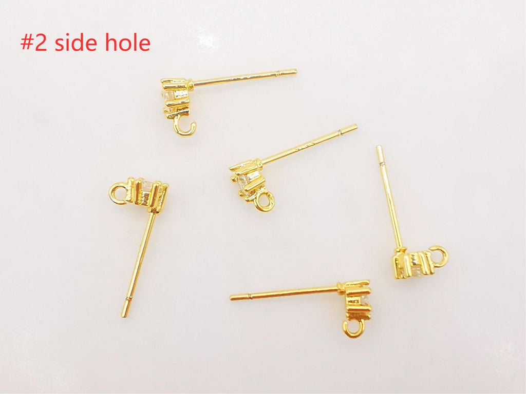 10PCS Tiny Ear Post with Loops, Nickel Free, Micro CZ Pave, 4mm, 18K Gold Plated Stud Earring Finding S268
