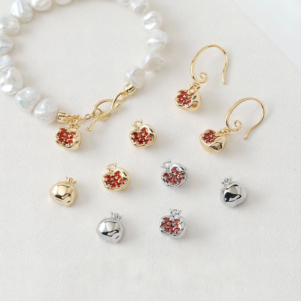 3D Pomegranate Pendant, Fruit Charm, 14K Gold/Silver, Pave Red CZ, Necklace Charms, Jewelry Findings GS011