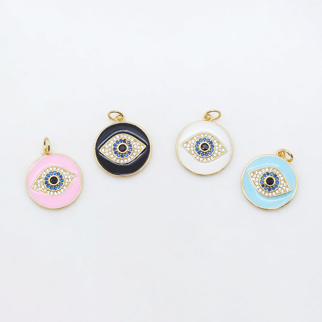 Enamel Cubic Evil Eye Charm, 18K Gold Plated Micro CZ Pave Round Pendant, 19mm, Necklace Making Charm, Jewelry Findings S20505