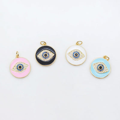 Enamel Cubic Evil Eye Charm, 18K Gold Plated Micro CZ Pave Round Pendant, 19mm, Necklace Making Charm, Jewelry Findings S20505