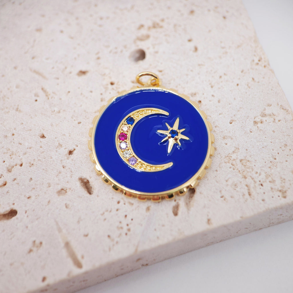 Enamel Sun Charm, Cubic Sunshine Round Pendant, 18K Shiny Gold Plated Micro CZ Pave, 25mm, Necklace Making Charm, Jewelry Findings S1084