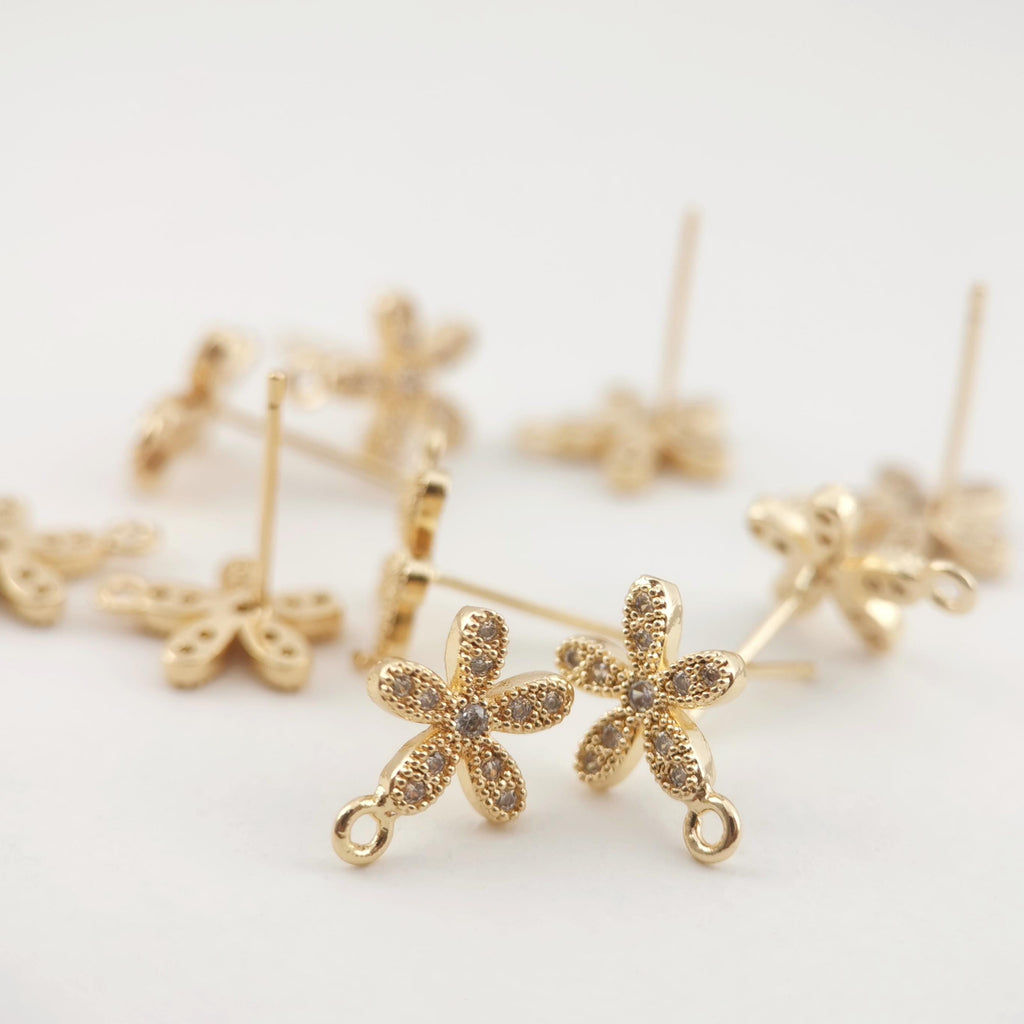 4PCS Flower Earring Post, Real Gold Plated Brass Stud Earring With Loop, S925 Silver Ear Pin, CZ Pave Ear Post, Earring Finding ZX044