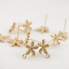 Load image into Gallery viewer, 4PCS Flower Earring Post, Real Gold Plated Brass Stud Earring With Loop, S925 Silver Ear Pin, CZ Pave Ear Post, Earring Finding ZX044
