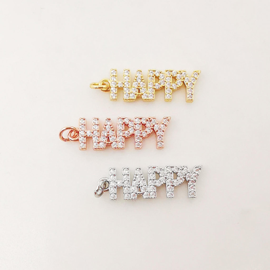 HAPPY/MAMA Pave Charm, 18K Gold Plated Pendant, Necklace Making Charm, CZ Pave letter pendant for mother, Jewelry making Supplies, S1029