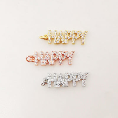 HAPPY/MAMA Pave Charm, 18K Gold Plated Pendant, Necklace Making Charm, CZ Pave letter pendant for mother, Jewelry making Supplies, S1029