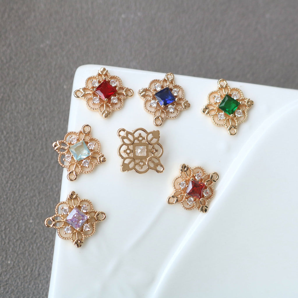 10pcs Flower Connector, Cubic Zircon Crystal Pendant, Bracelet Necklace Pendant, 14K Real Gold Plated, Jewelry Findings HL110-F008