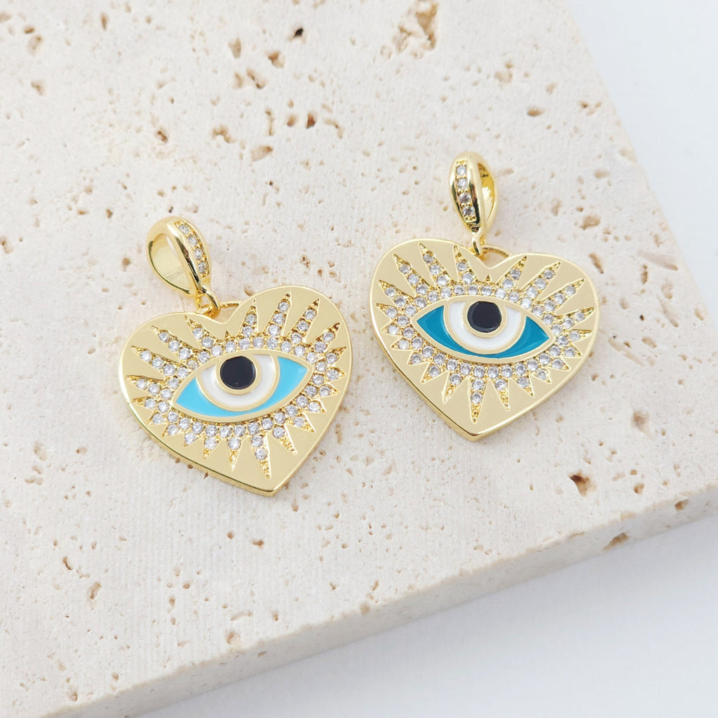 Heart Shape Evil Eye Charm, 18K Gold Plated Micro CZ Pave Enamel Eye Pendant, 22x20mm, Necklace Making Charm, Jewelry Findings S901