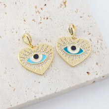 Load image into Gallery viewer, Heart Shape Evil Eye Charm, 18K Gold Plated Micro CZ Pave Enamel Eye Pendant, 22x20mm, Necklace Making Charm, Jewelry Findings S901